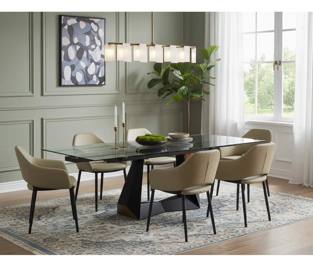 Modern 106" Extendable Glass Dining Table for 6–10, Black Pedestal Base