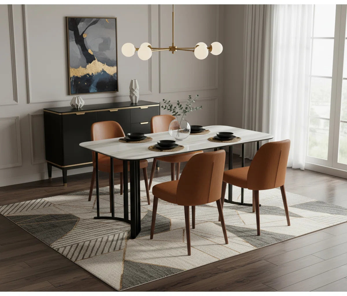 63" Ceramic Marble Dining Table with Black Metal Base, Seats 6