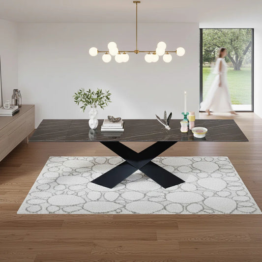 106" Extendable Black Marble Sintered Stone Dining Table with Matte Black X-Base