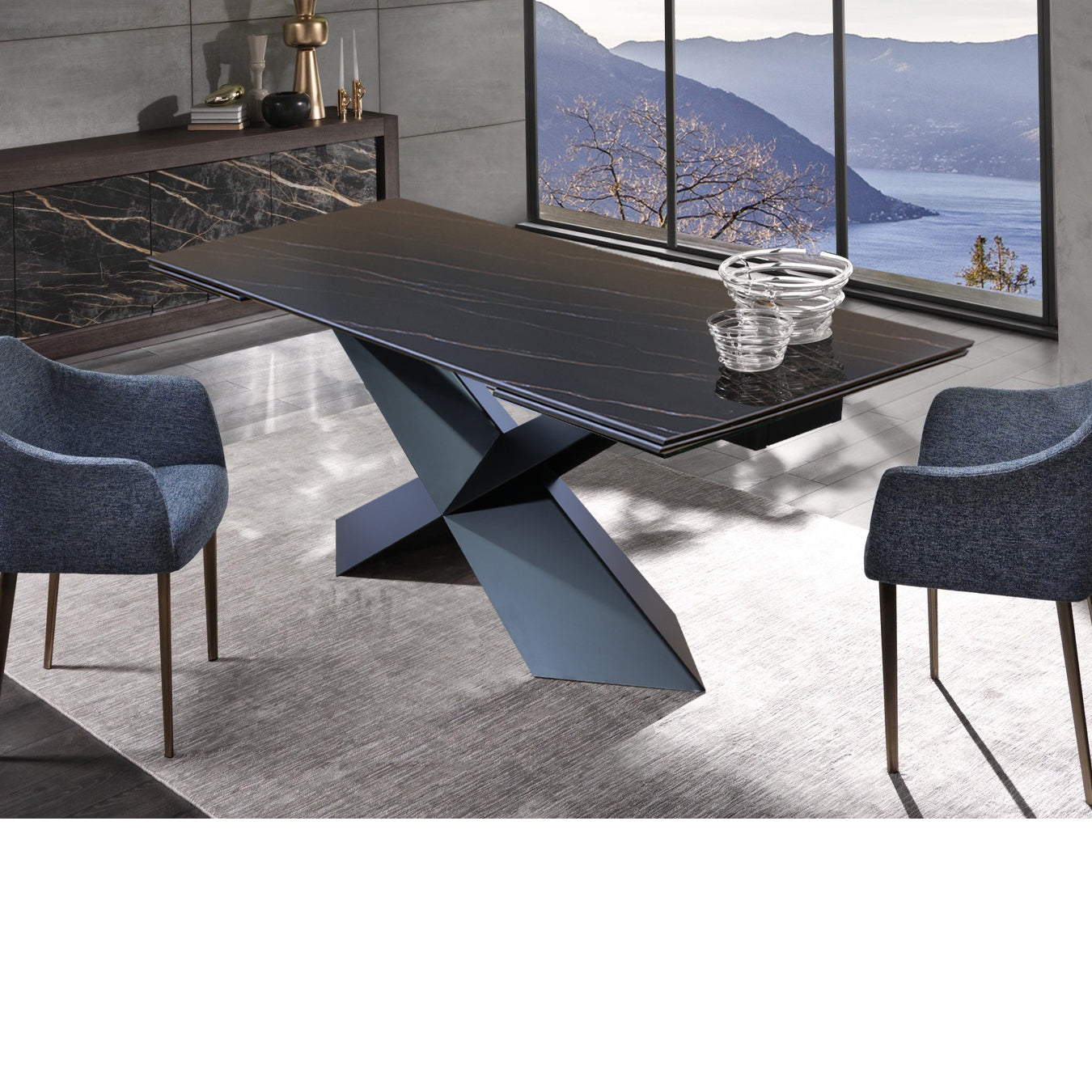 106" Extendable Black Marble Sintered Stone Dining Table with Matte Black X-Base