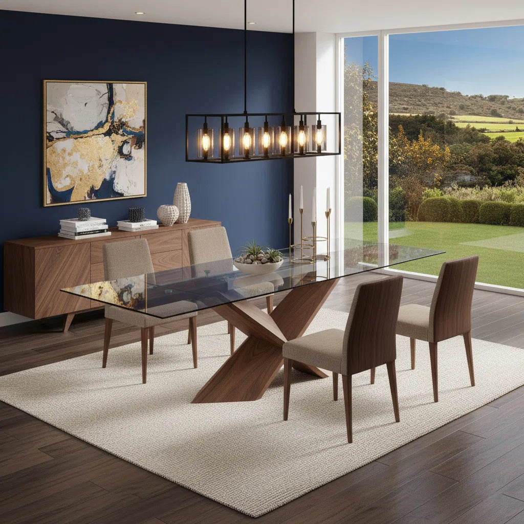 Modern Extendable Glass Dining Table with Wooden X-Base, Self-Storing Leaf, Seats 6–10