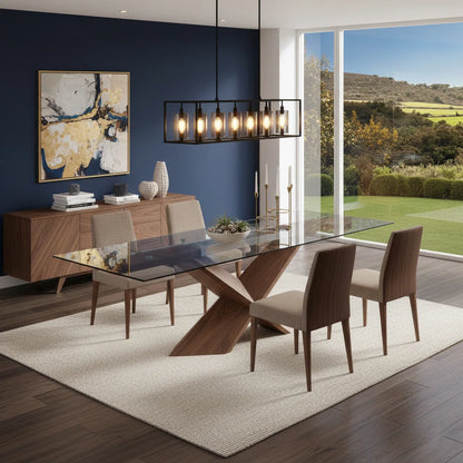 Modern Extendable Glass Dining Table with Wooden X-Base, Self-Storing Leaf, Seats 6–10