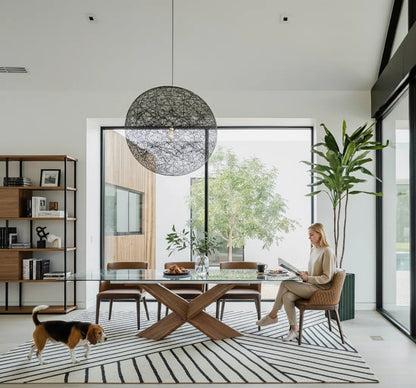 Modern Extendable Glass Dining Table with Wooden X-Base, Self-Storing Leaf, Seats 6–10