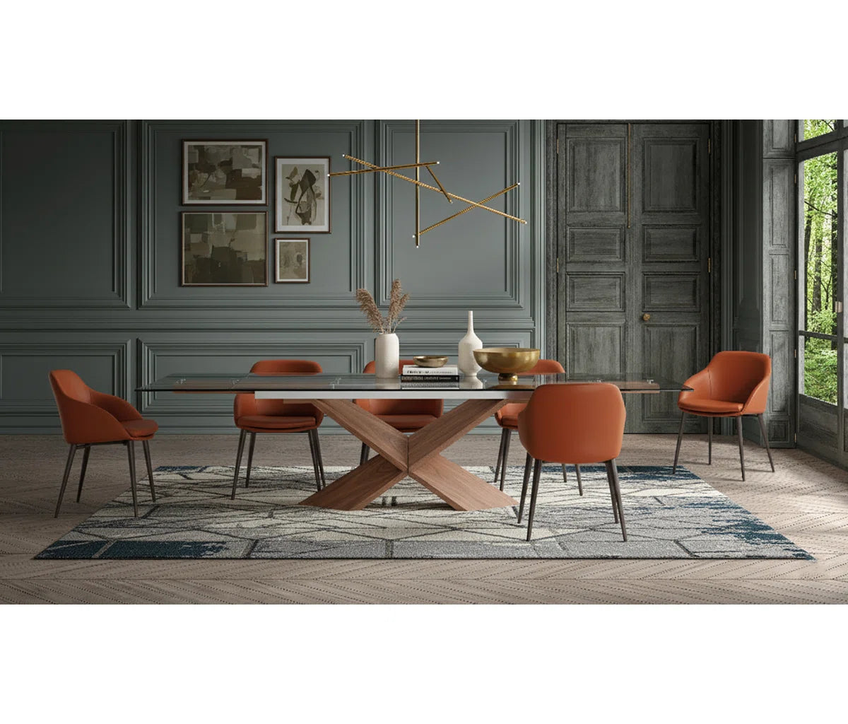 Modern Extendable Glass Dining Table with Wooden X-Base, Self-Storing Leaf, Seats 6–10