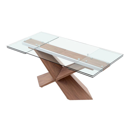 Modern Extendable Glass Dining Table with Wooden X-Base, Self-Storing Leaf, Seats 6–10
