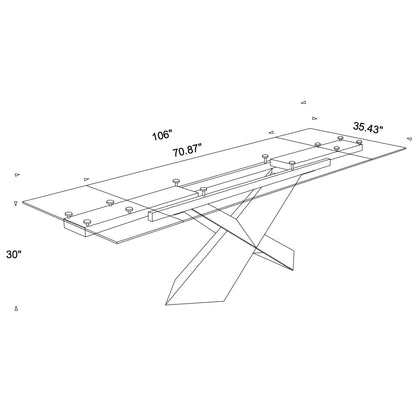 Modern Extendable Glass Dining Table with Wooden X-Base, Self-Storing Leaf, Seats 6–10