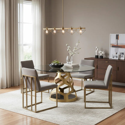 59" Round Glass Dining Table with Sculptural Gold Steel Base, Modern Pedestal Dining Table for 4–6