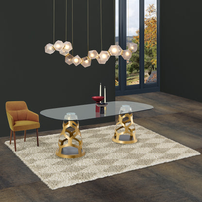 94.5" Oval Glass Dining Table with Dual Sculptural Gold Steel Bases, Modern Dining Table for 8–10