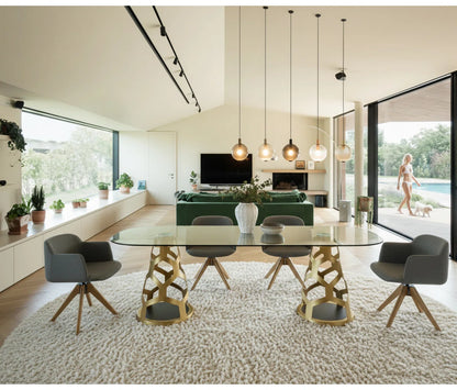 94.5" Oval Glass Dining Table with Dual Sculptural Gold Steel Bases, Modern Dining Table for 8–10
