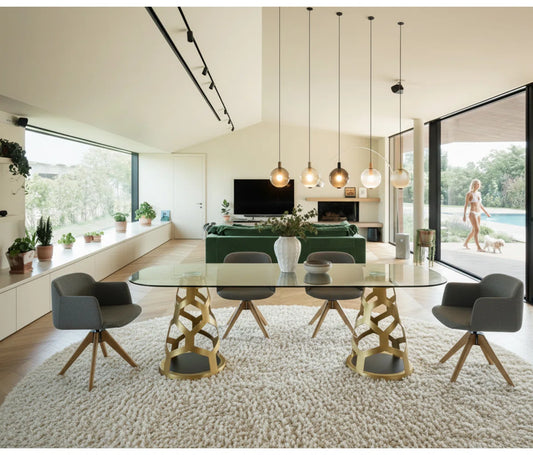 94.5" Oval Glass Dining Table with Dual Sculptural Gold Steel Bases, Modern Dining Table for 8–10