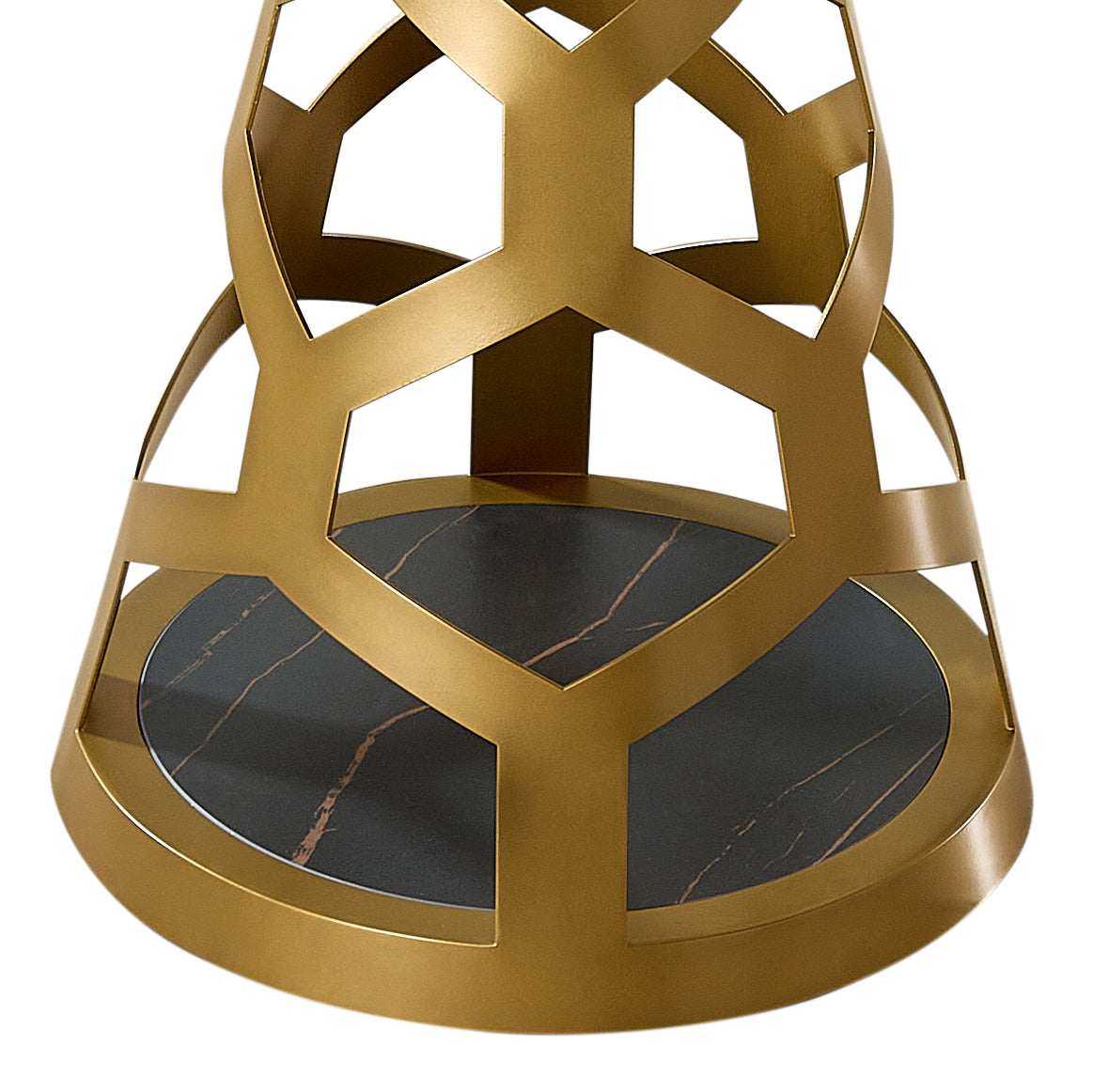 59" Round Glass Dining Table with Sculptural Gold Steel Base, Modern Pedestal Dining Table for 4–6