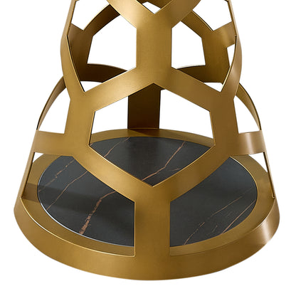 59" Round Glass Dining Table with Sculptural Gold Steel Base, Modern Pedestal Dining Table for 4–6