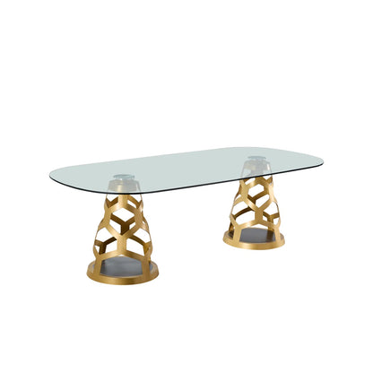 94.5" Oval Glass Dining Table with Dual Sculptural Gold Steel Bases, Modern Dining Table for 8–10