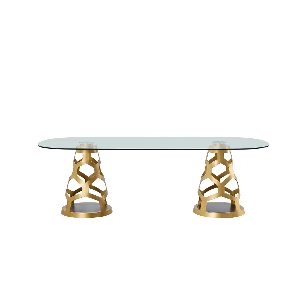 94.5" Oval Glass Dining Table with Dual Sculptural Gold Steel Bases, Modern Dining Table for 8–10
