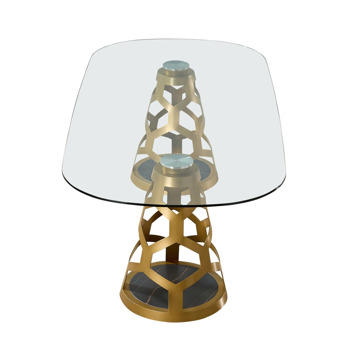 94.5" Oval Glass Dining Table with Dual Sculptural Gold Steel Bases, Modern Dining Table for 8–10