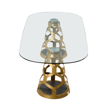 94.5" Oval Glass Dining Table with Dual Sculptural Gold Steel Bases, Modern Dining Table for 8–10