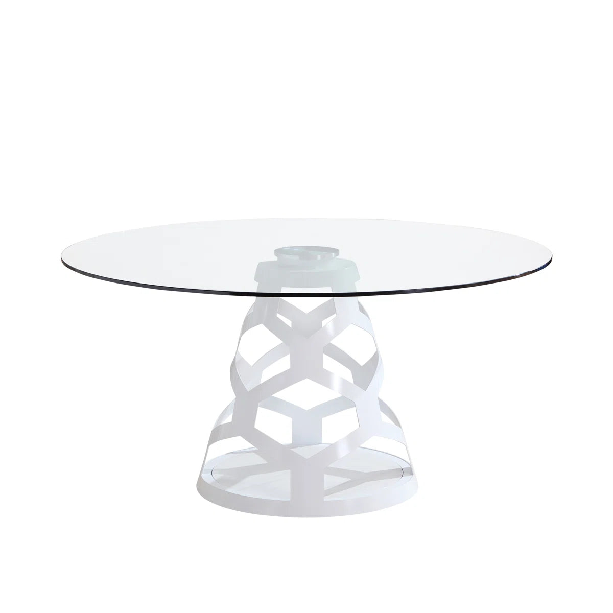59" Round Glass Dining Table with Sculptural White Steel Base, Modern Pedestal Dining Table for 4–6