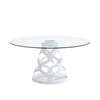 59" Round Glass Dining Table with Sculptural White Steel Base, Modern Pedestal Dining Table for 4–6
