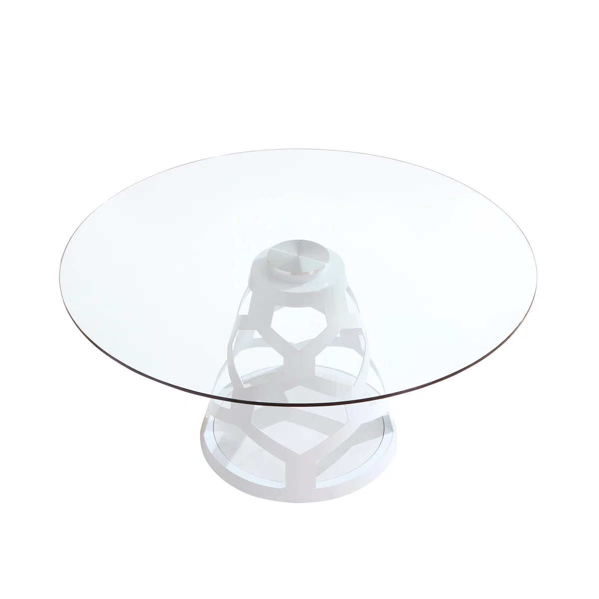 59" Round Glass Dining Table with Sculptural White Steel Base, Modern Pedestal Dining Table for 4–6