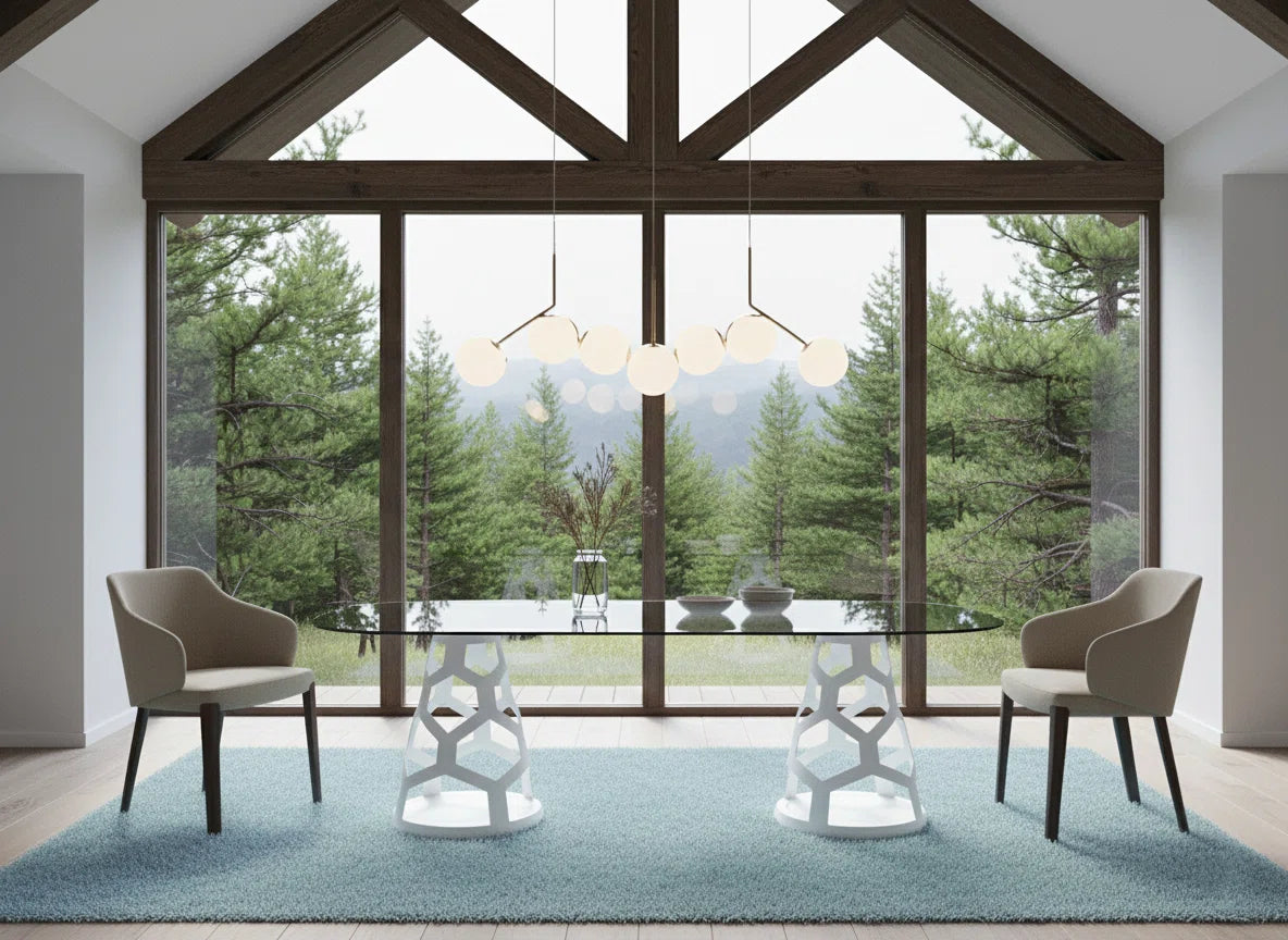 94.5" Oval Glass Dining Table with Dual Sculptural White Steel Bases, Modern Dining Table for 8–10