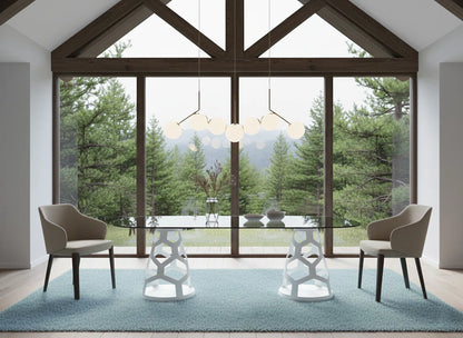94.5" Oval Glass Dining Table with Dual Sculptural White Steel Bases, Modern Dining Table for 8–10