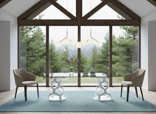 94.5" Oval Glass Dining Table with Dual Sculptural White Steel Bases, Modern Dining Table for 8–10