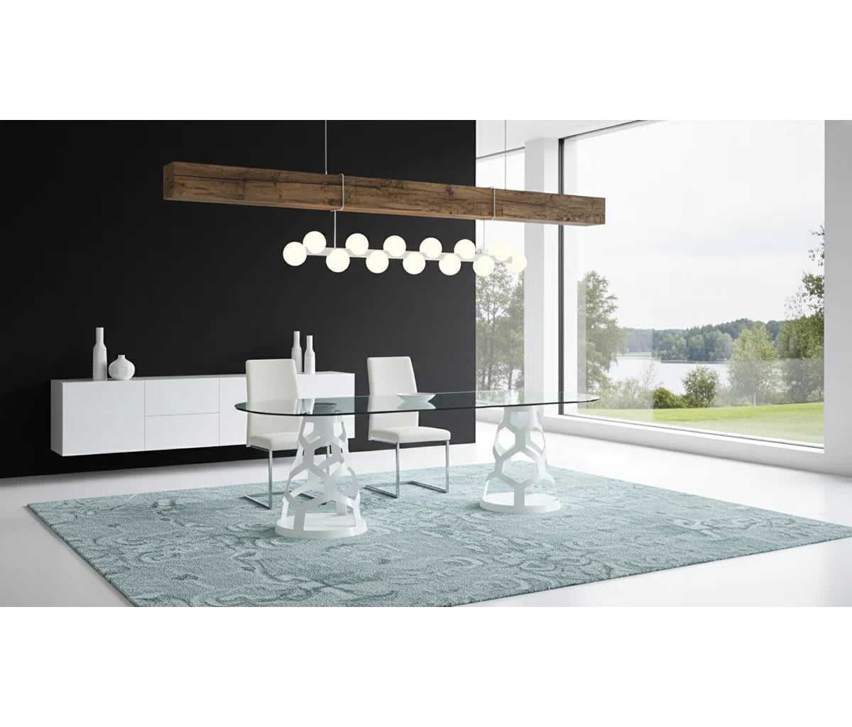 94.5" Oval Glass Dining Table with Dual Sculptural White Steel Bases, Modern Dining Table for 8–10