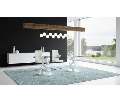 94.5" Oval Glass Dining Table with Dual Sculptural White Steel Bases, Modern Dining Table for 8–10