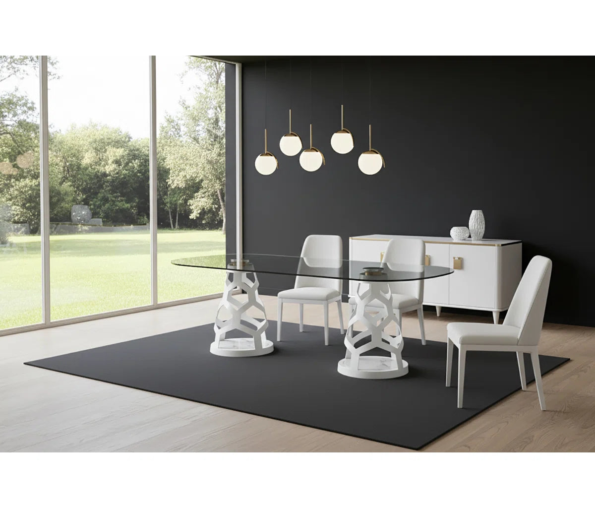 94.5" Oval Glass Dining Table with Dual Sculptural White Steel Bases, Modern Dining Table for 8–10