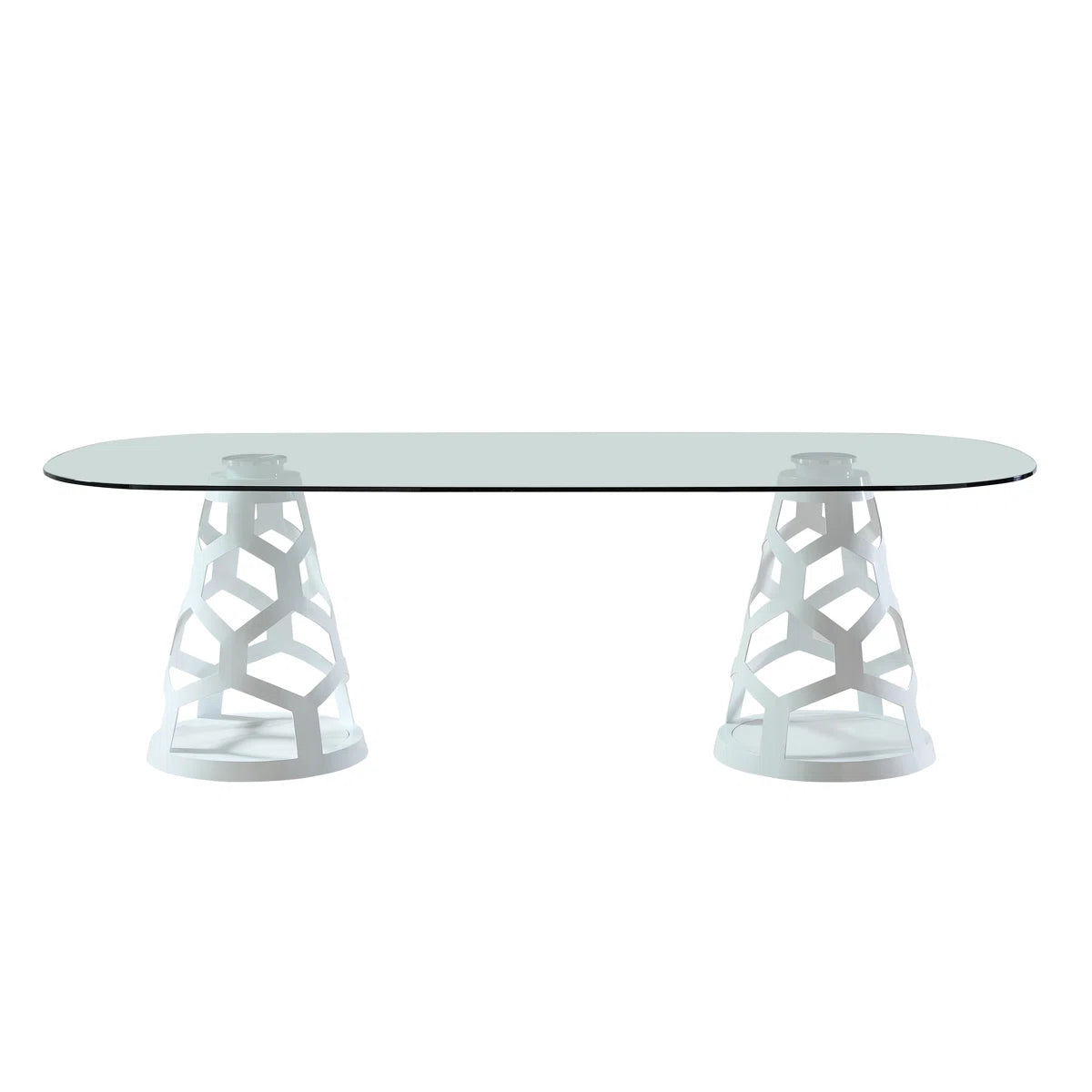 94.5" Oval Glass Dining Table with Dual Sculptural White Steel Bases, Modern Dining Table for 8–10