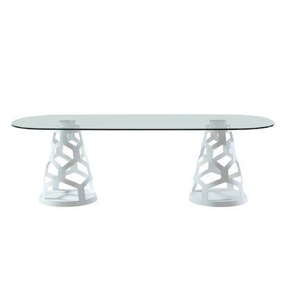 94.5" Oval Glass Dining Table with Dual Sculptural White Steel Bases, Modern Dining Table for 8–10