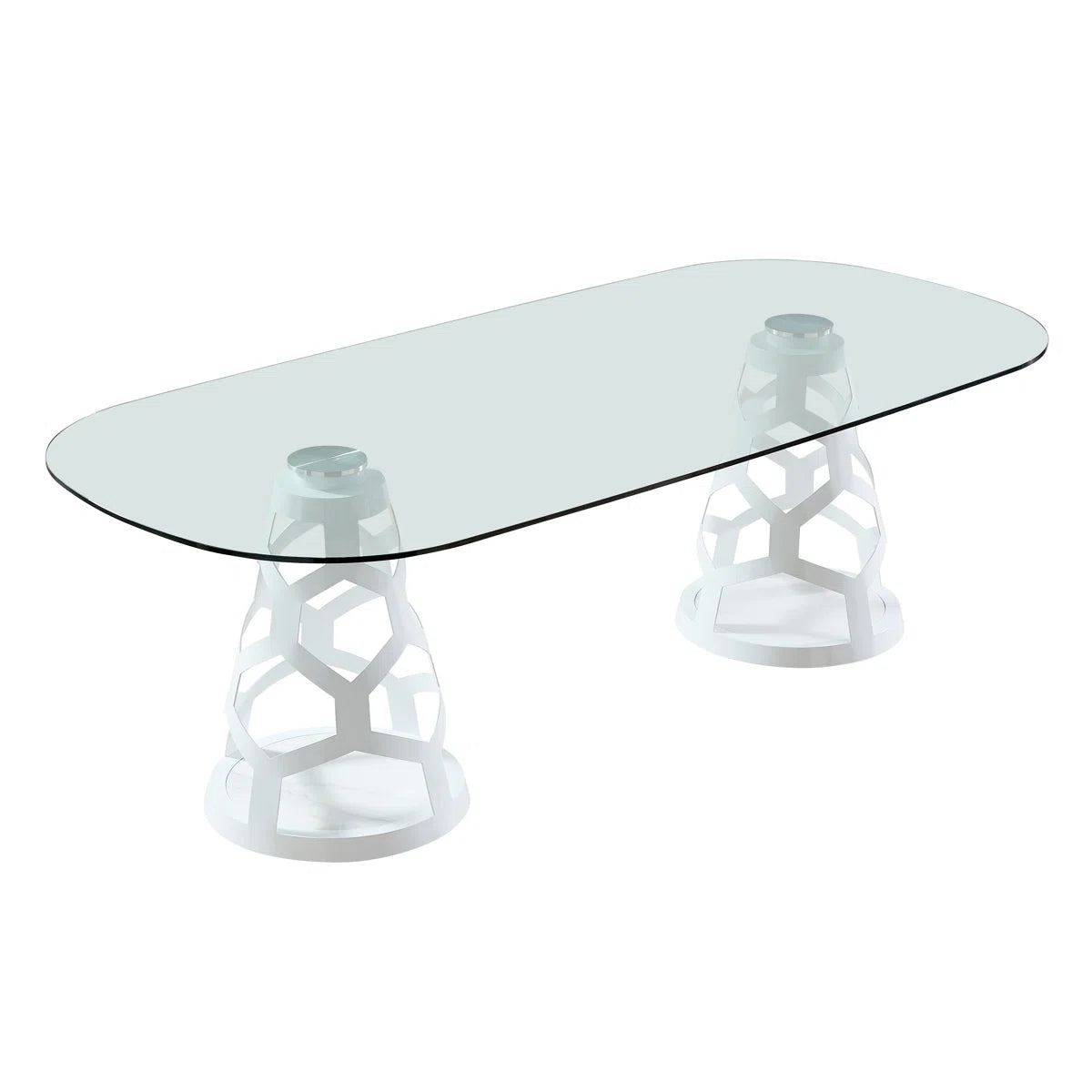 94.5" Oval Glass Dining Table with Dual Sculptural White Steel Bases, Modern Dining Table for 8–10