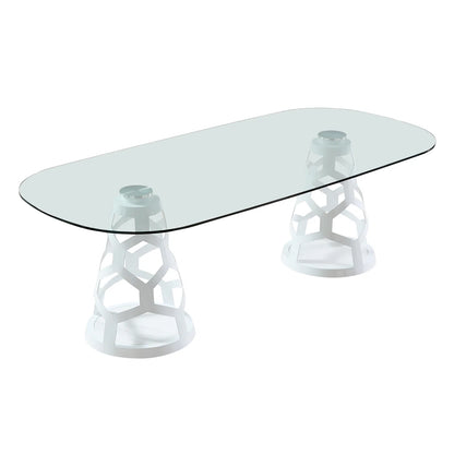 94.5" Oval Glass Dining Table with Dual Sculptural White Steel Bases, Modern Dining Table for 8–10