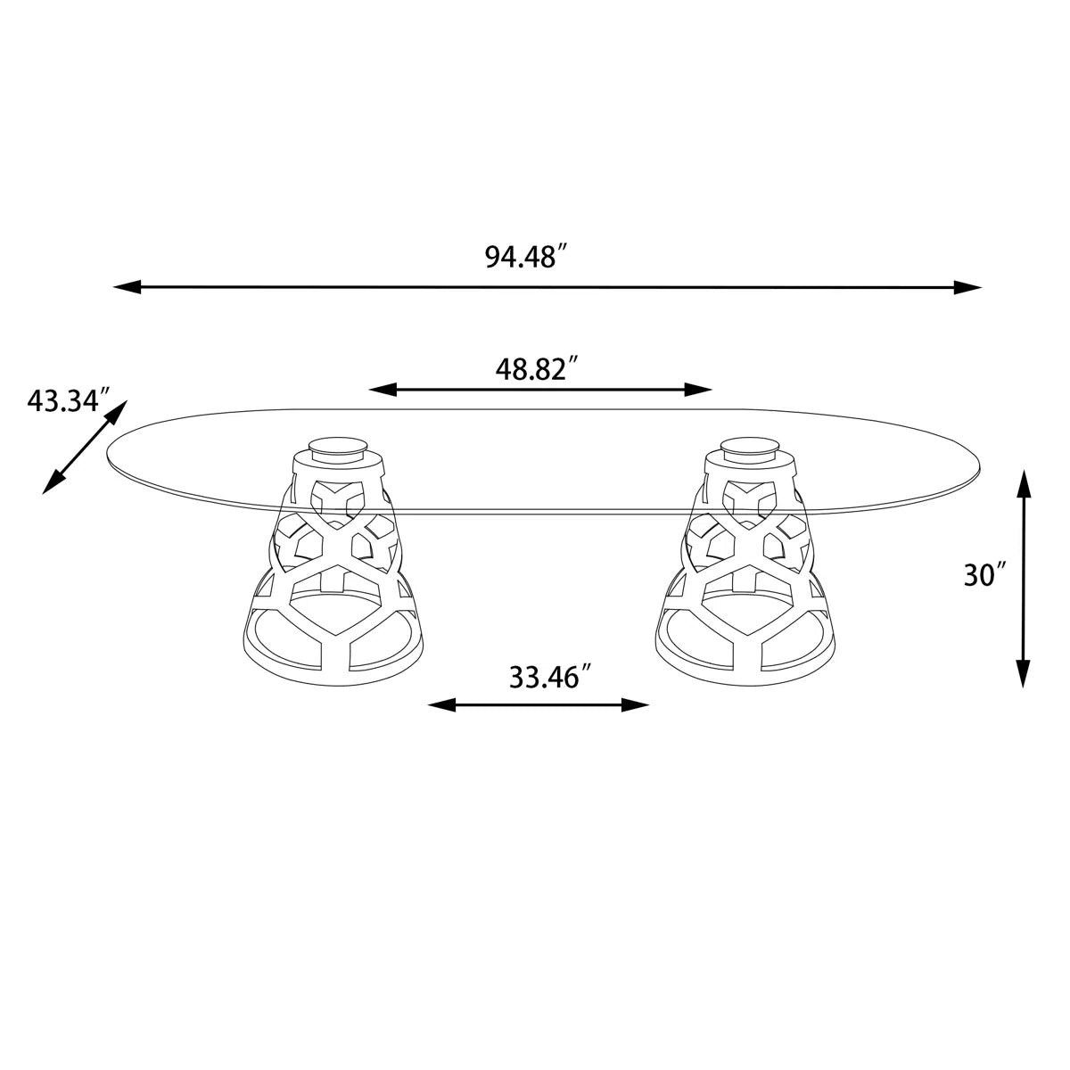 94.5" Oval Glass Dining Table with Dual Sculptural White Steel Bases, Modern Dining Table for 8–10