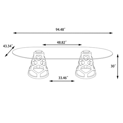 94.5" Oval Glass Dining Table with Dual Sculptural White Steel Bases, Modern Dining Table for 8–10