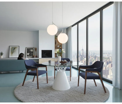 47" Round Glass Dining Table with Sculptural Pedestal Base, Modern White Kitchen Table