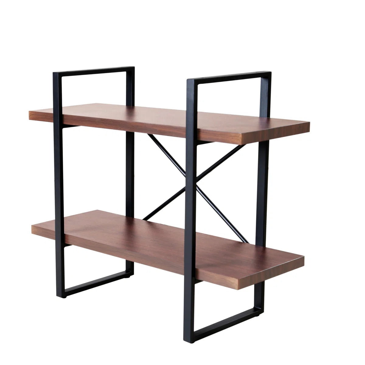 Modern 2-Tier Console Table with Open Shelves – Walnut Finish Entryway Sofa Table with Black Metal Frame