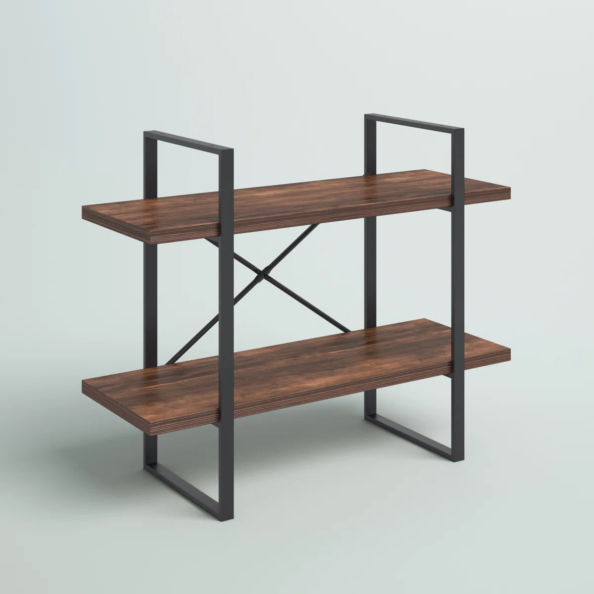 2-Tier Industrial Bookcase with Antique Walnut Shelves and Steel Frame