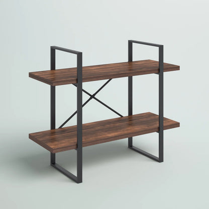 2-Tier Industrial Bookcase with Antique Walnut Shelves and Steel Frame