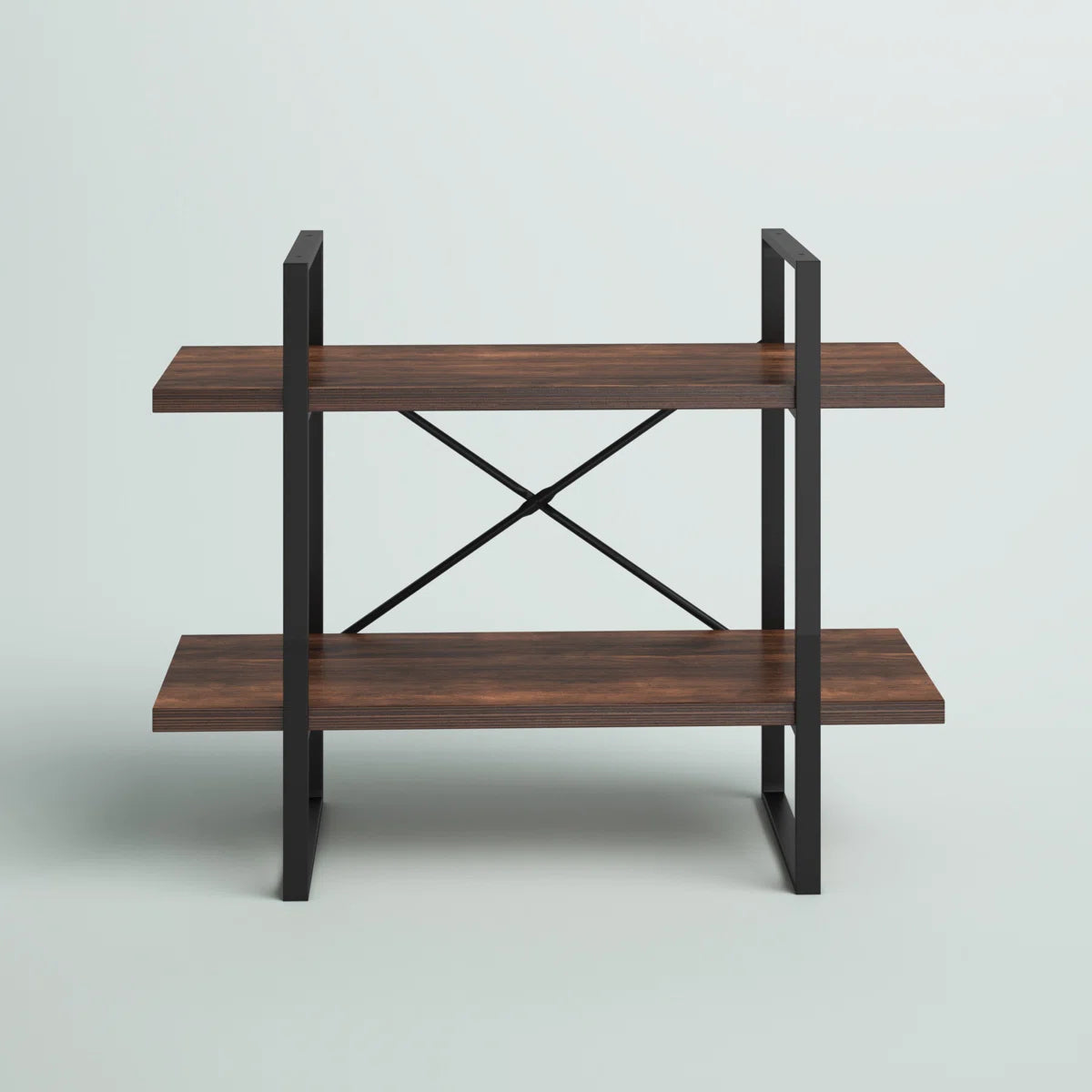 2-Tier Industrial Bookcase with Antique Walnut Shelves and Steel Frame