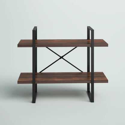 2-Tier Industrial Bookcase with Antique Walnut Shelves and Steel Frame