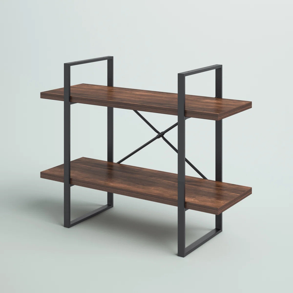 2-Tier Industrial Bookcase with Antique Walnut Shelves and Steel Frame