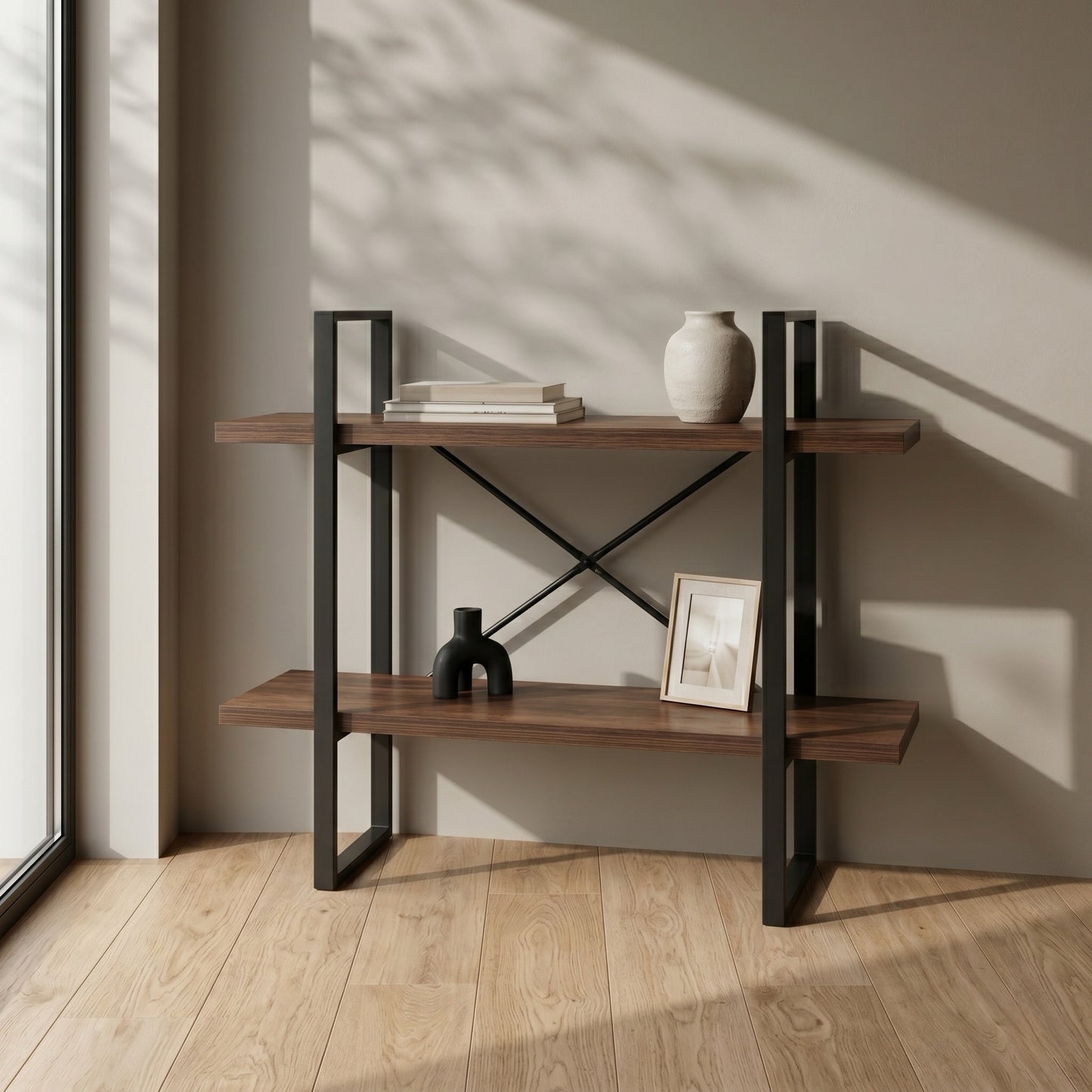 2-Tier Industrial Bookcase with Antique Walnut Shelves and Steel Frame