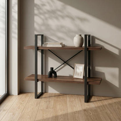 2-Tier Industrial Bookcase with Antique Walnut Shelves and Steel Frame