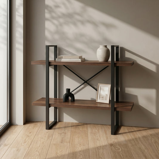 2-Tier Industrial Bookcase with Antique Walnut Shelves and Steel Frame