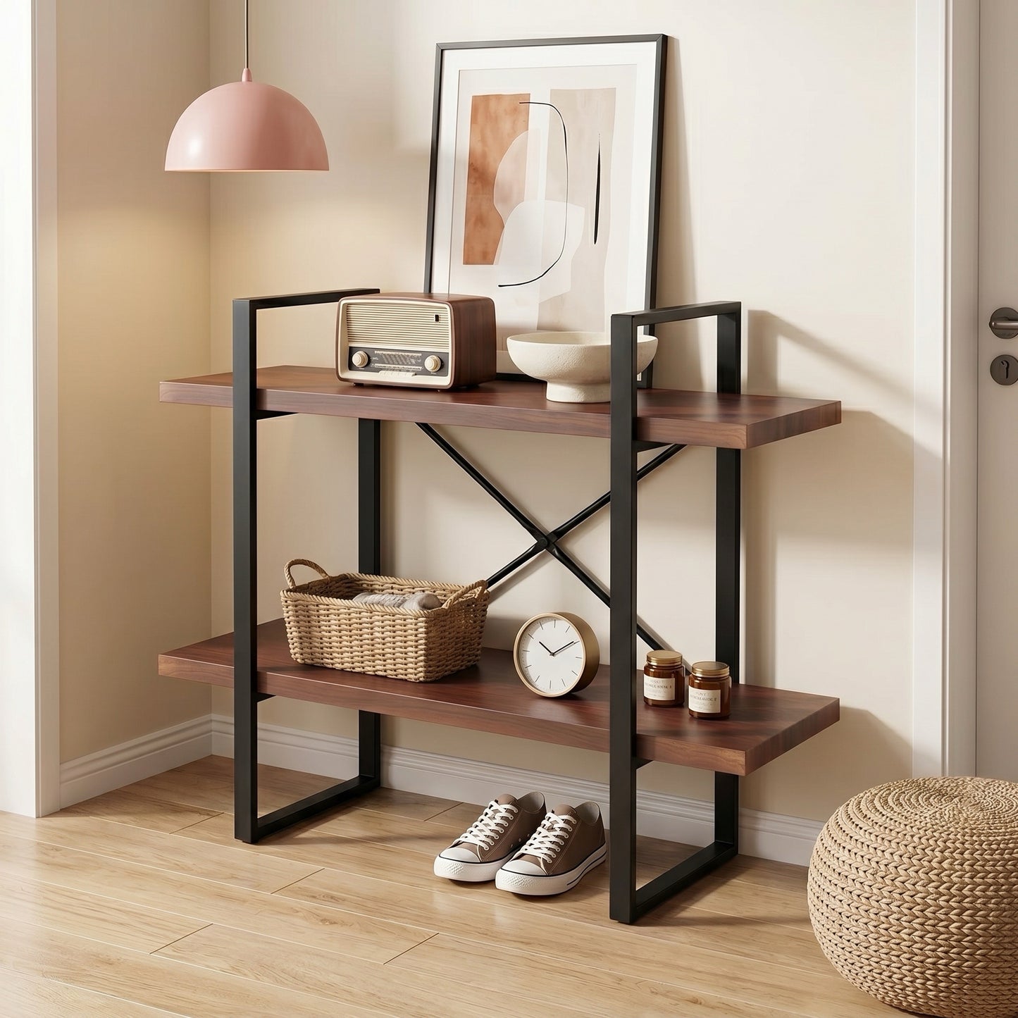 Modern 2-Tier Console Table with Open Shelves – Walnut Finish Entryway Sofa Table with Black Metal Frame