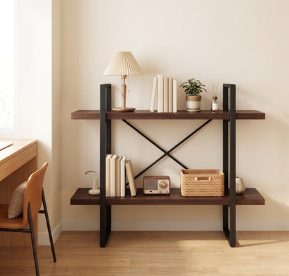 Modern 2-Tier Console Table with Open Shelves – Walnut Finish Entryway Sofa Table with Black Metal Frame