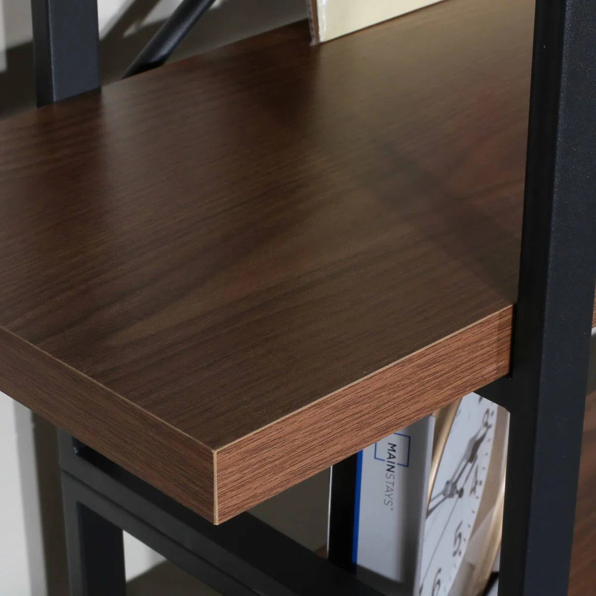 Walnut Brown Bookshelf with Black Metal Frame and X-Back Support