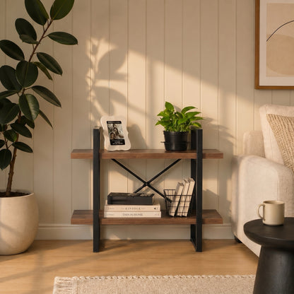 Walnut Brown Bookshelf with Black Metal Frame and X-Back Support