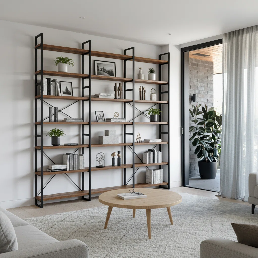 Etagere Antique Walnut MDF and Steel Bookcase